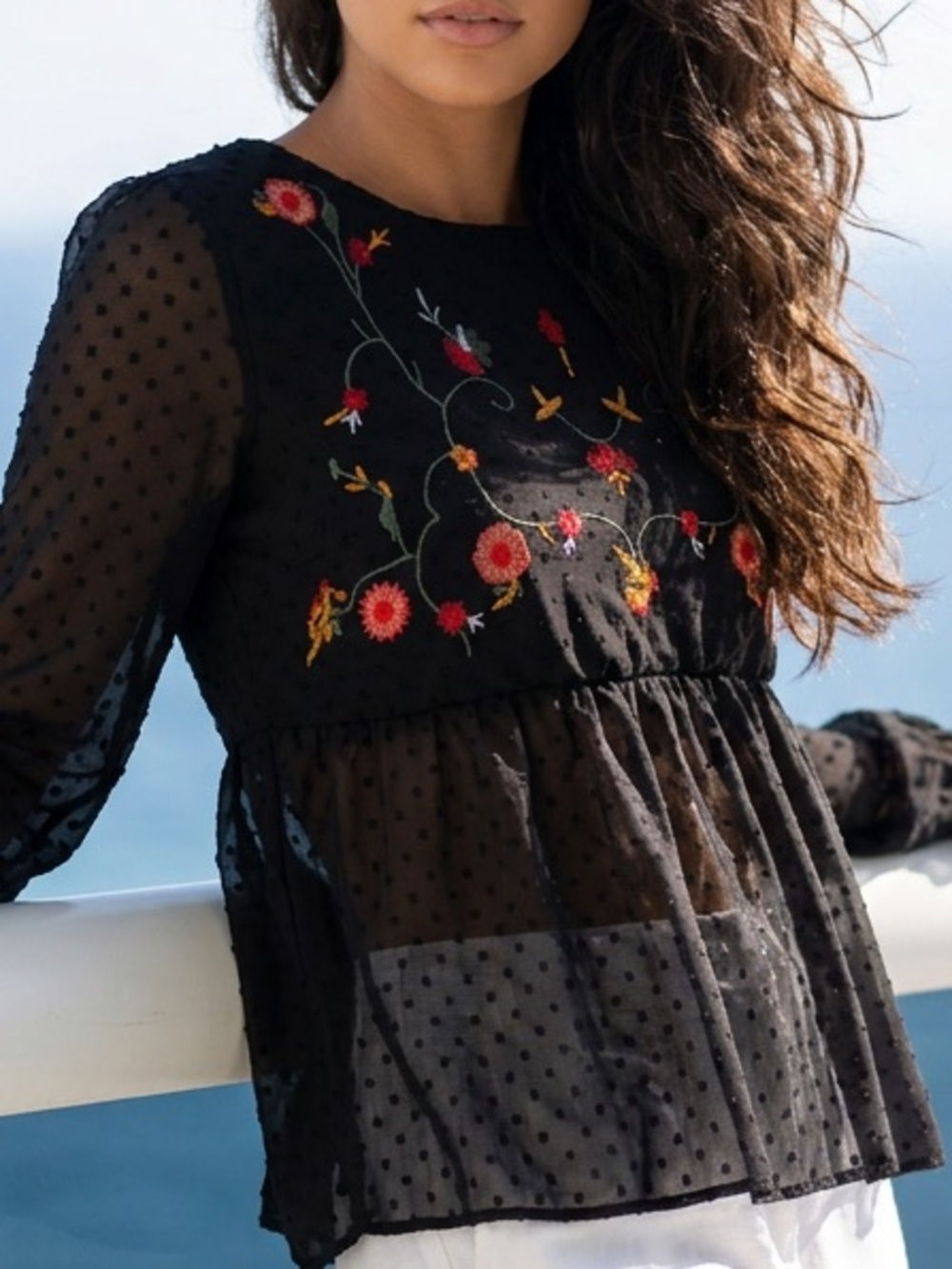Black Swiss dot floral embroidered mesh blouse